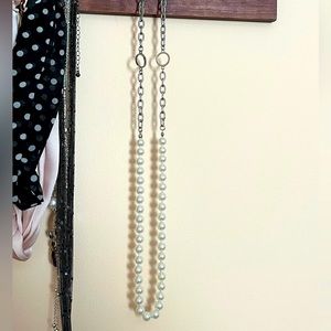28” Vintage Faux Pearl & Chain Necklace, Toggle Closure & Metal Detail